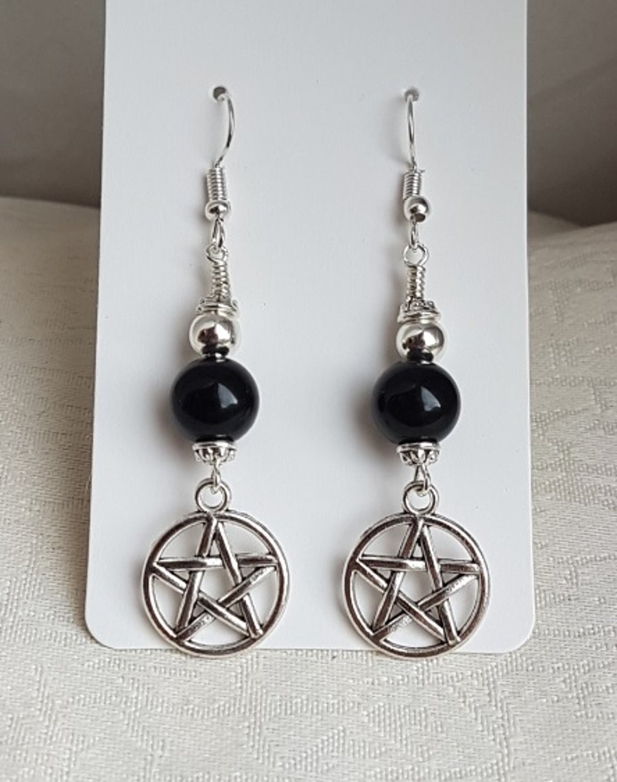 Gorgeous Black Obsidian and Pentacle Earrings.