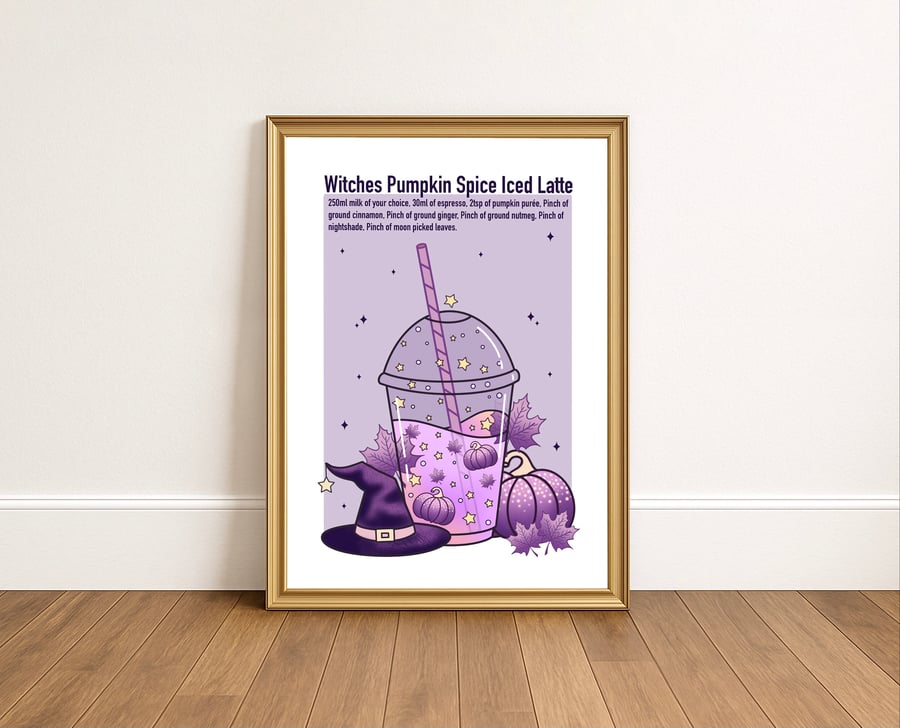 Spooky Pumpkin Spice Latte Art Print, Witch Decor, Halloween Kitchen Decor.