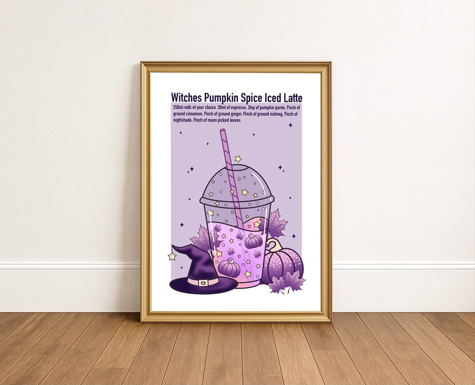 Spooky Pumpkin Spice Latte Art Print, Witch Decor, Halloween Kitchen Decor.