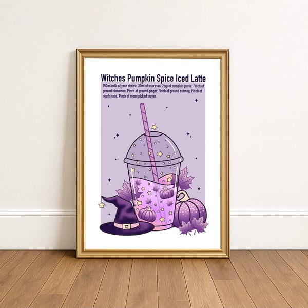 Spooky Pumpkin Spice Latte Art Print, Witch Decor, Halloween Kitchen Decor.