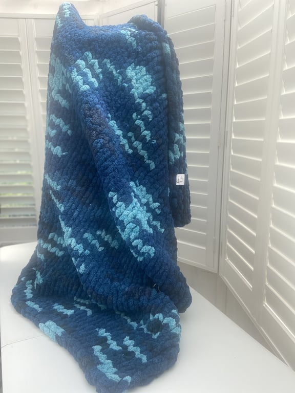 Chunky Hand Knitted Blue Mix Blanket Throw