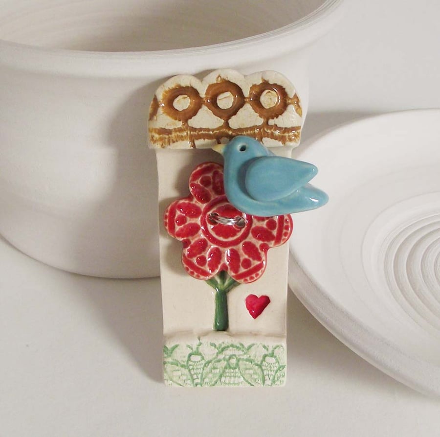 little bird ceramic brooch with flower button and bead