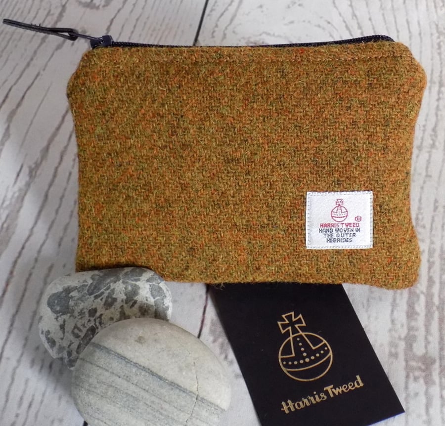 Harris Tweed large coin purse in mustard yellow, with navy blue zip and lining