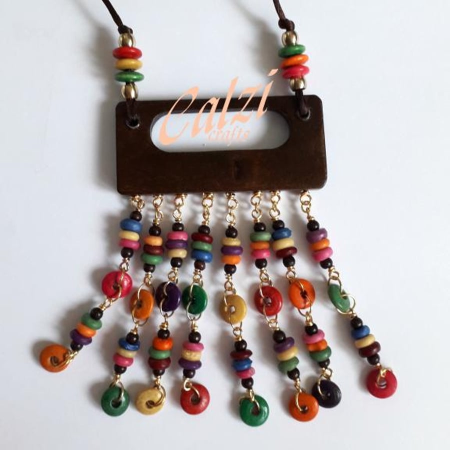 Multi Coloured Upcycled Wooden Buckle Boho Necklace