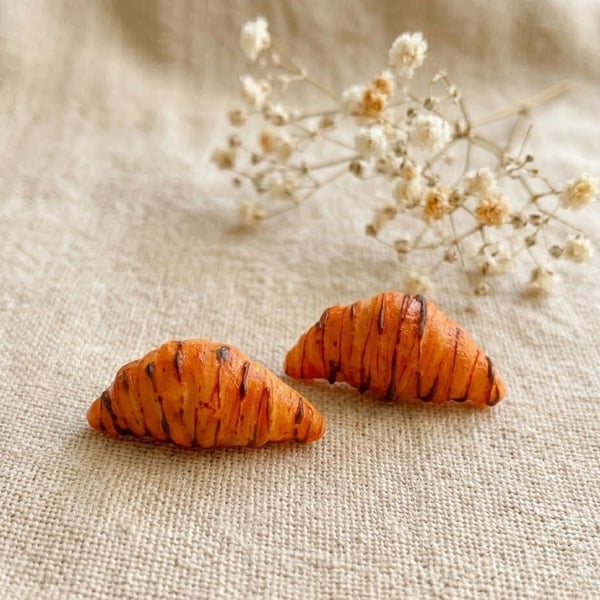 Realistic Food Earrings, Mini Croissant Clay Studs, Gift for Foodie