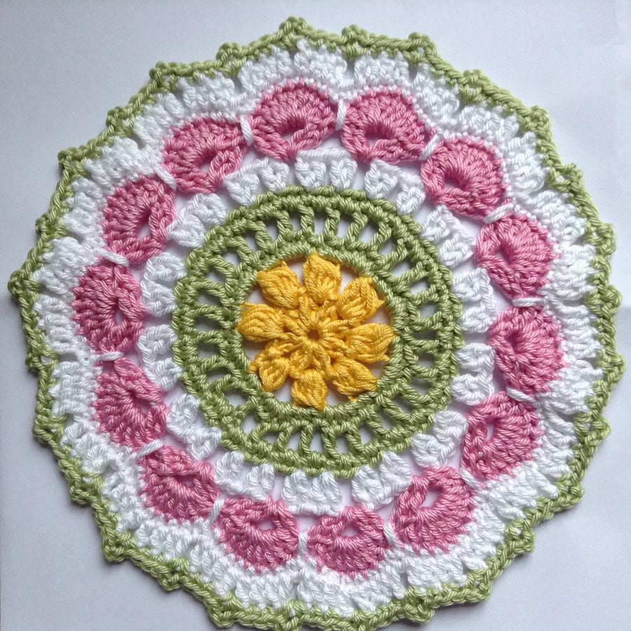 Crochet Mandala Doily Table Mat  in Pink,White,Yellow and Green