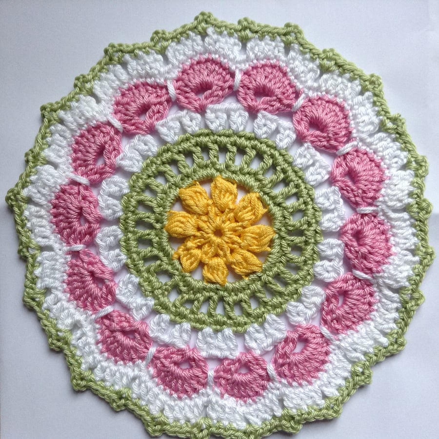 Crochet Mandala Doily Table Mat  in Pink,White,Yellow and Green