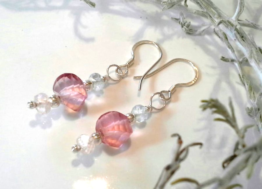 Rare Cut Pinky Peach Coated Topaz, Morganite & Apatite  Sterling Silver Earrings