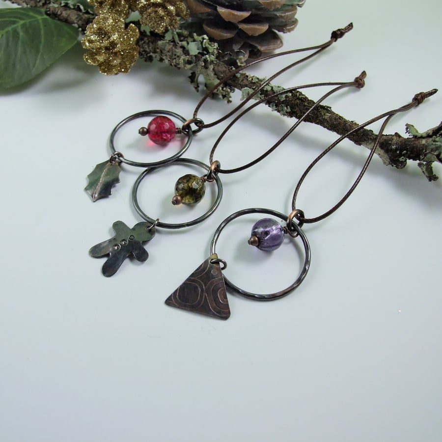 Hanging Decorations, Copper Holly, Tree & Gingerbread.  Set of 3