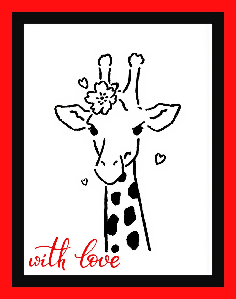 Fun With Love Giraffe Line Drawing Greeting Card A5 Size 