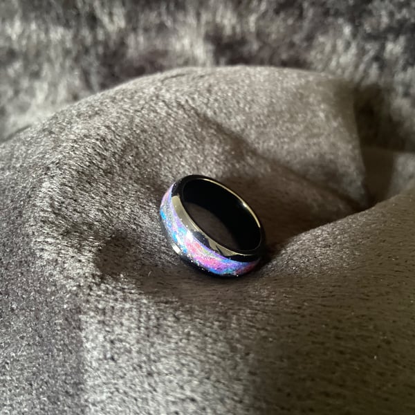 Resin ring with galaxy, nebula colours and glitter stars