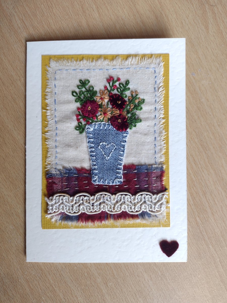 Vase of Flowers Hand-Stitched Keepsake Card - Blank - Textile Card - Velvet