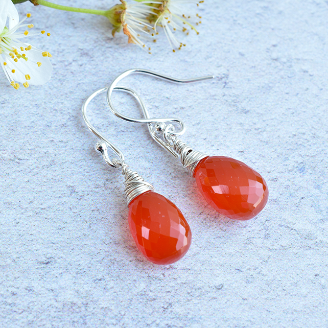 Gorgeous Orange Carnelian Sterling Silver wrapped Briolette Earrings