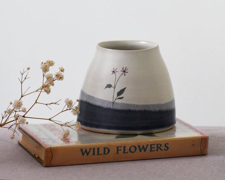 Small ceramic vase with flower illustration, blue and white handmade pottery