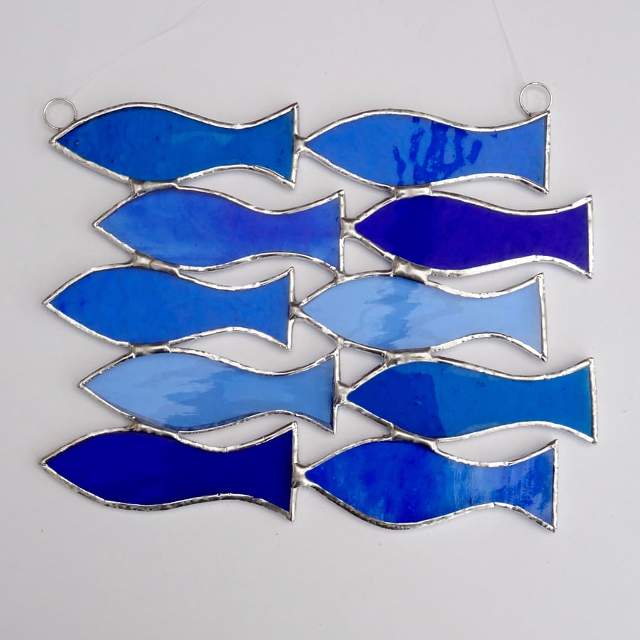 Stained Glass Handmade Decoration Shoal of 10 Fish Suncatcher   