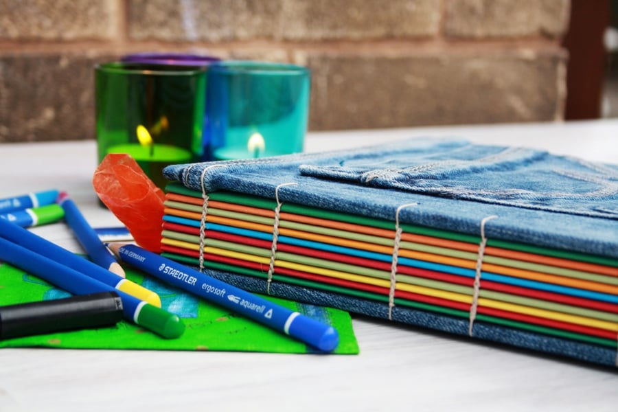 Journal, Denim Book, Stonewashed Denim Sketchbook with colourful interior pages