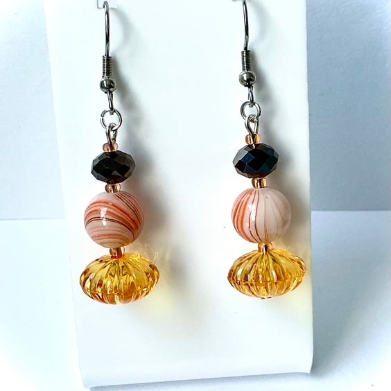 Orange & Black Earrings with Pumpkin Effect Bead