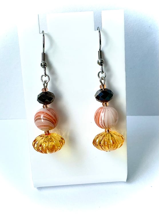 Orange & Black Earrings with Pumpkin Effect Bead