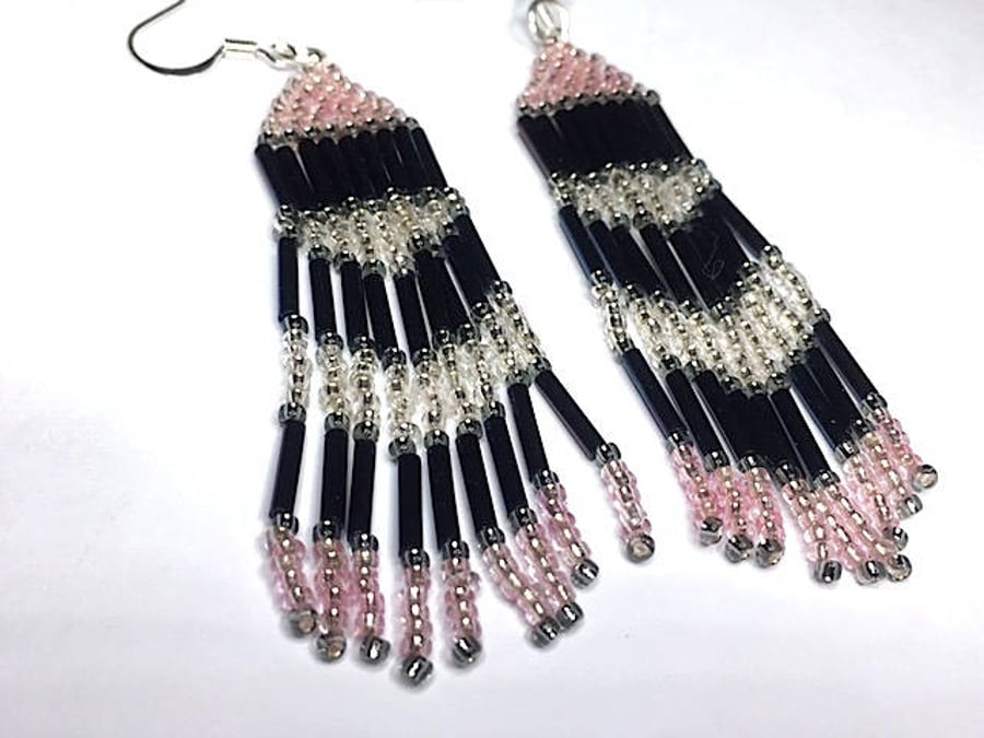 TASSEL EARRINGS BEADED pink nebula glass beads art nouveau fringe