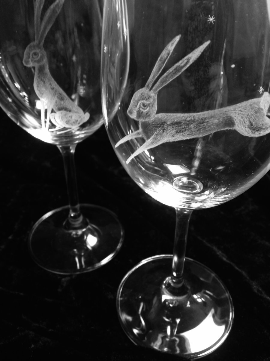 Pair of Bohemia Hand Engraved Crystal Hare Wine Glasses