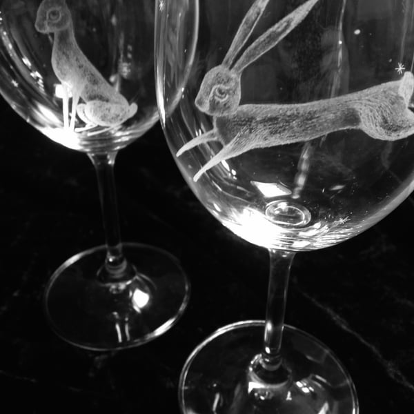 Pair of Bohemia Hand Engraved Crystal Hare Wine Glasses