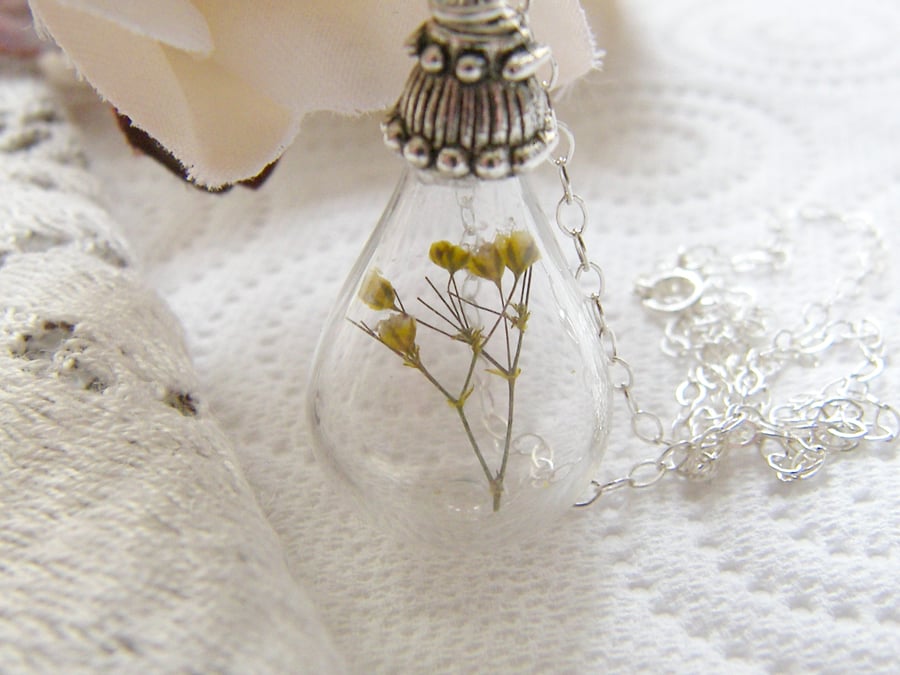 Real Flower Botanical Necklace Hand Blown Tear drop - SUNSHINE