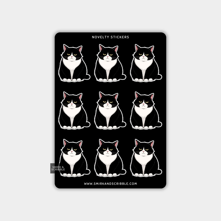 Image of Funny Vinyl Sticker Sheet For Adults - Tuxedo Cat