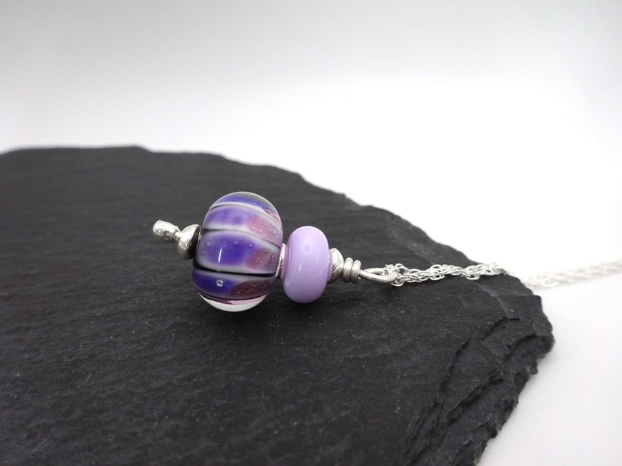 sterling silver chain necklace, lampwork glass pendant jewellery, purple 