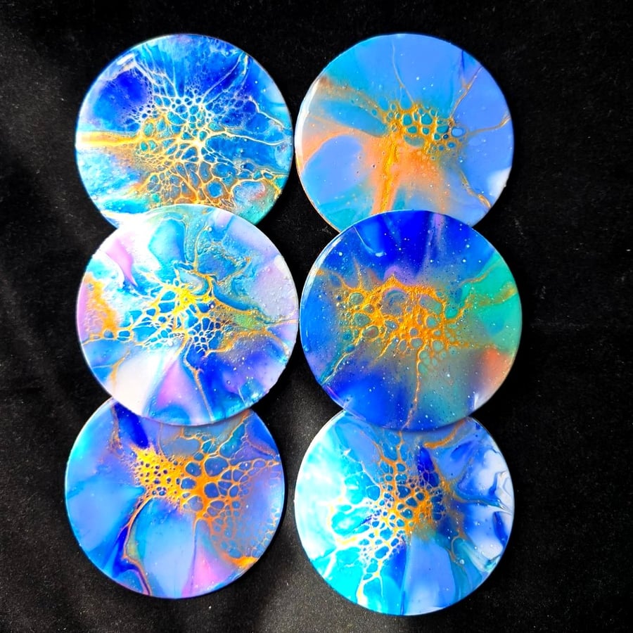 "Blue fantasy" abstract painted coasters set of 6
