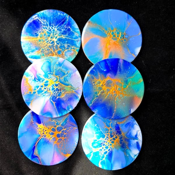 "Blue fantasy" abstract painted coasters set of 6