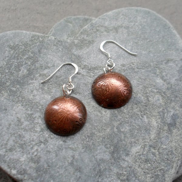 Domed Disc Shaped Copper Earrings Dandelion Detail Sterling Silver Ear Wires