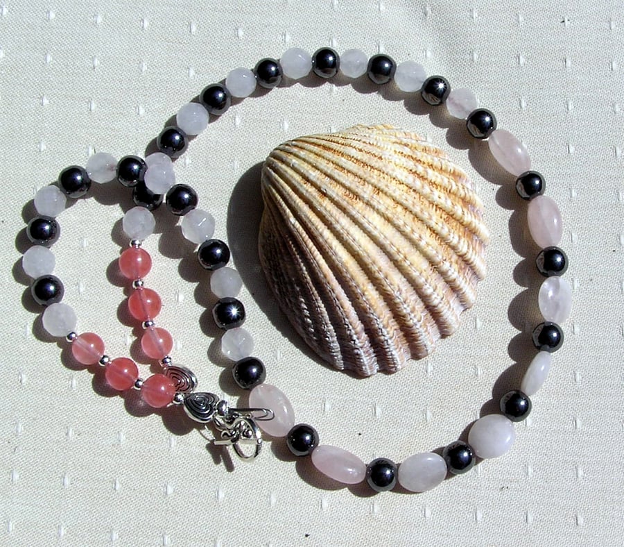 Rose Quartz & Black Hematite Gemstone Statement Beaded Gothic Chakra Necklace