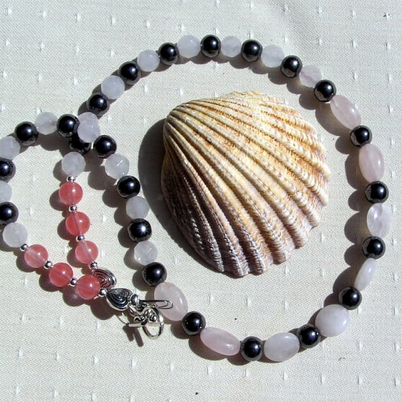 SALE Rose Quartz & Black Hematite Gemstone Statement Beaded Gothic Necklace