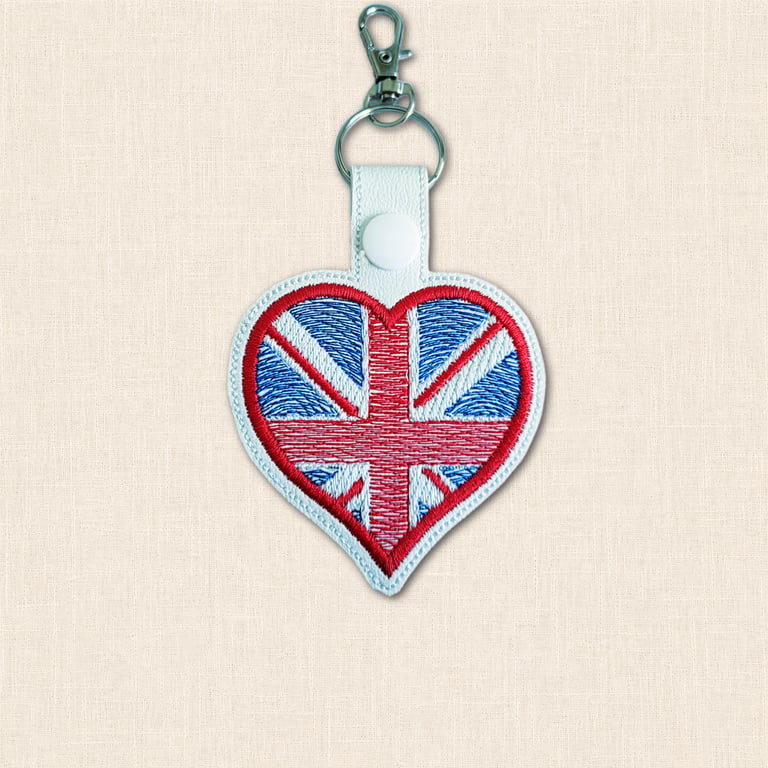 Union Jack Heart Keyring - Embroidered Faux Leather British Bag Charm