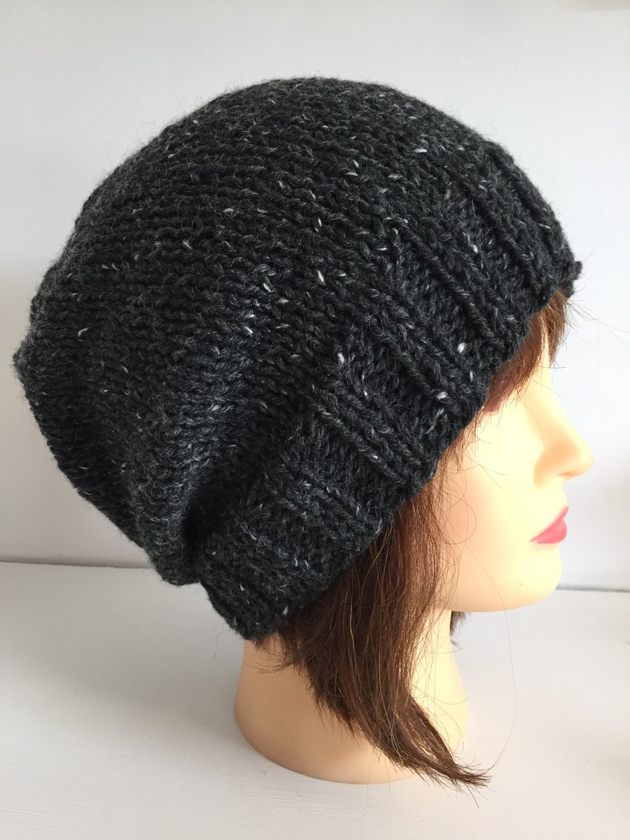 Dark Grey Unisex Beanie, Charcoal Hand Knit Slouch Hat