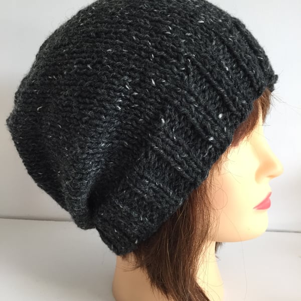 Dark Grey Unisex Beanie, Charcoal Hand Knit Slouch Hat