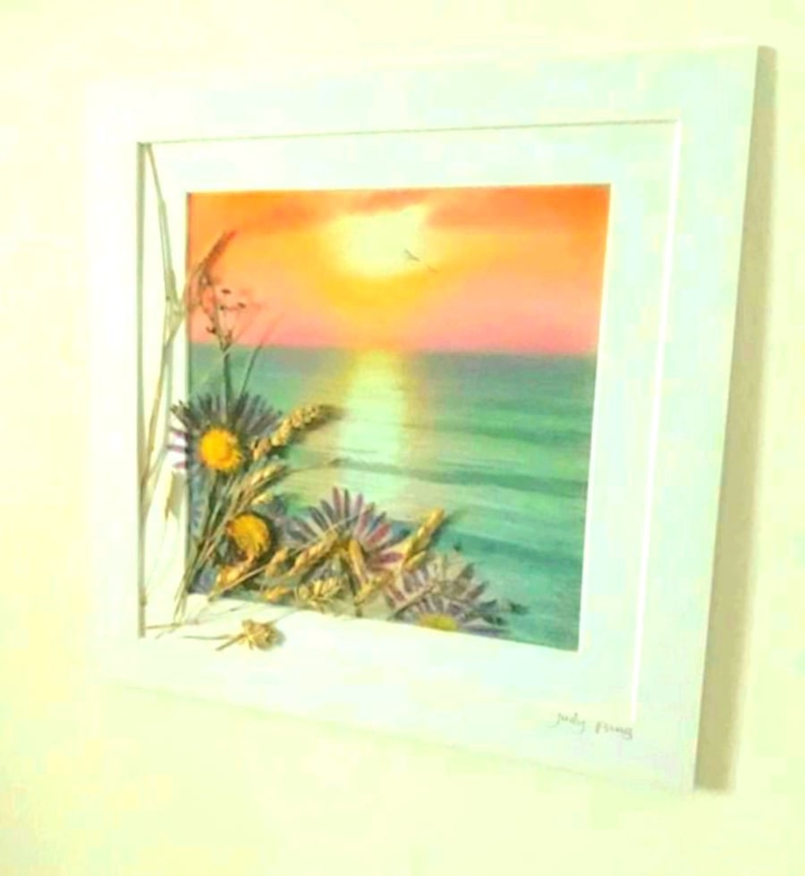 "Sunset and Seacape "with pressed sea aster daisies and dried grasses