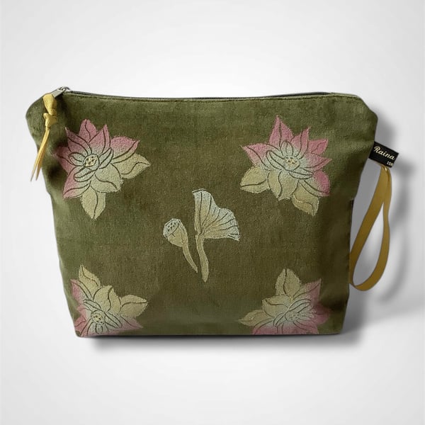 Lotus Flower Makeup Bag in Olive Velvet
