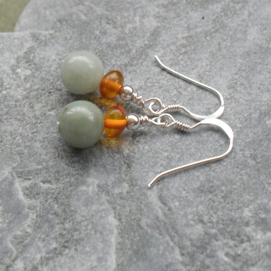Burmese Jadeite and Baltic Amber Sterling Silver Earrings