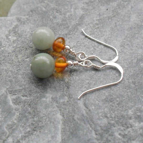 Burmese Jadeite and Baltic Amber Sterling Silver Earrings