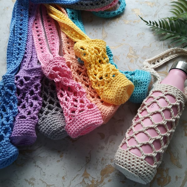 Crochet Cotton Water Bottle Holder Carrier New Colours Added