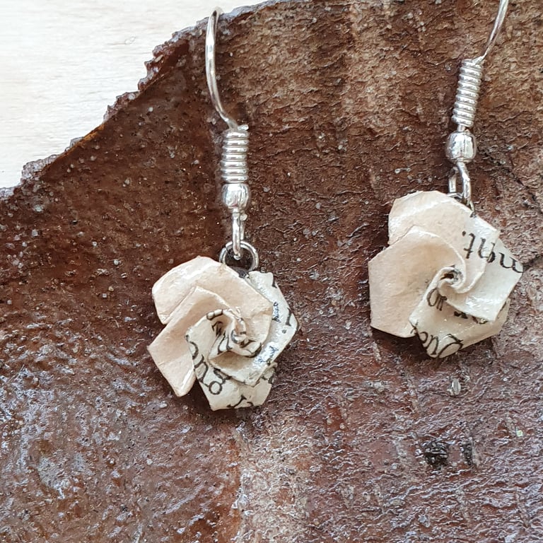 Literary Rose Earrings, Recycled Book Page Jewellery, origami paper earrings