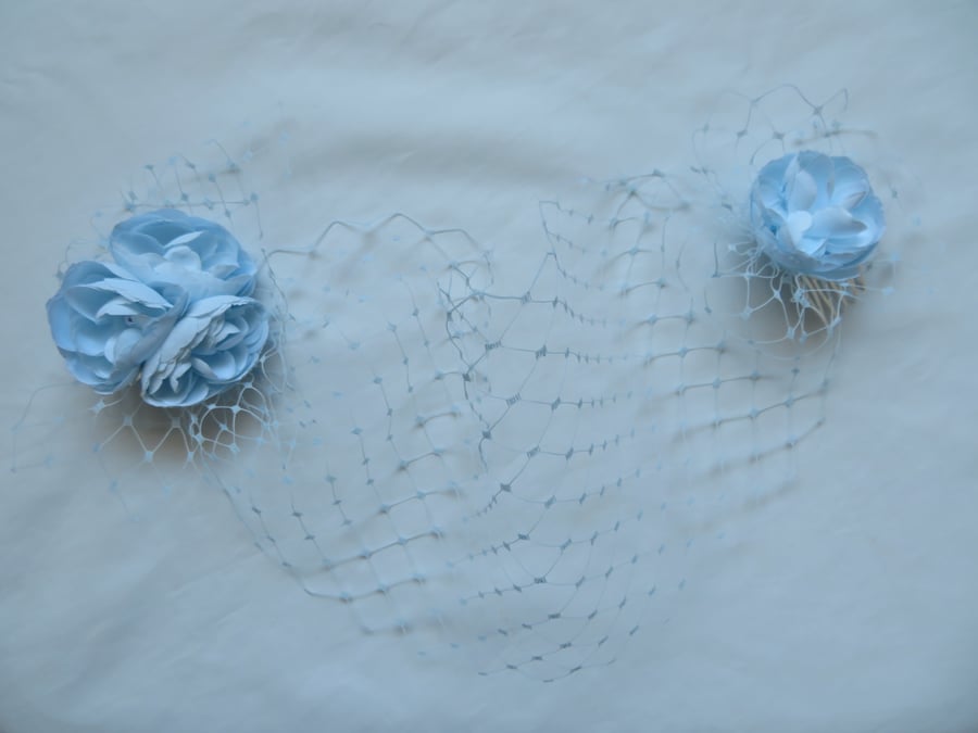 Pale Ice Baby Blue Narrow Rare Merry Widow Bandeau Eye Veil with Flower Clusters