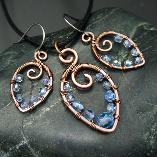 Copper Wire Wrapped Pendant & Earrings Set with Pale Blue AB Beads