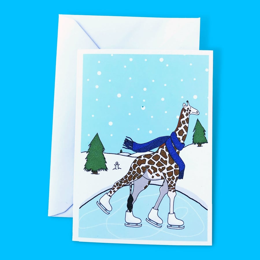 Ice Skating Giraffe Christmas Illustration A6 Card