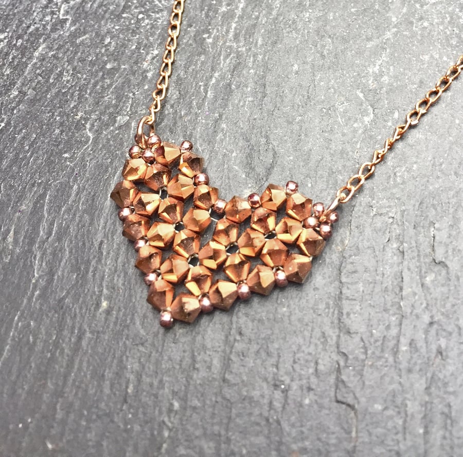 Rose Gold bicone crystal beaded heart pendant