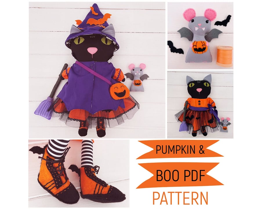 Digital PDF Sewing Pattern for Halloween Cat Doll 'Pumpkin' & Pal 'Boo'