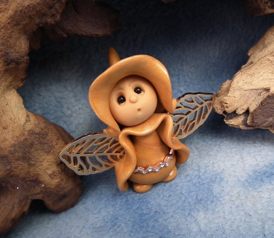 Golden Celestial Gnome 'Gliste' with gold wings OOAK Sculpt by Ann Galvin