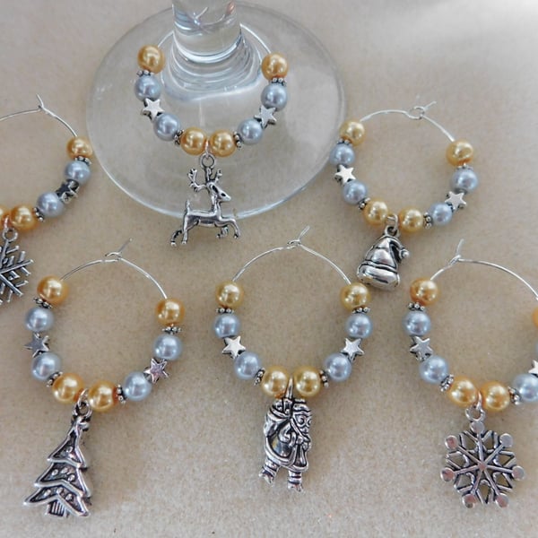 Christmas Wine Glass Charms Set of 8 Gold and Silver