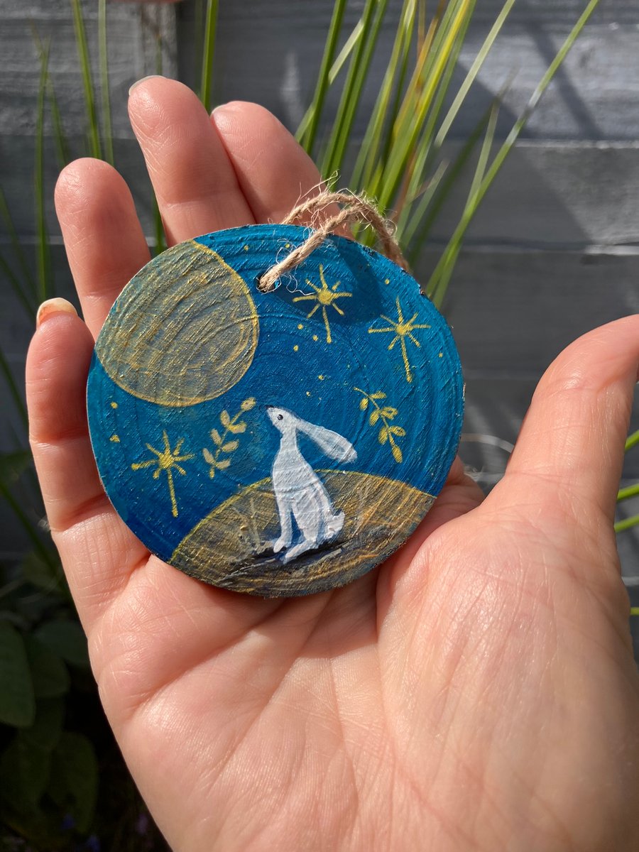 White Moon Gazing Hare Gold Moon Hand Painted Hanging Decoration Fridge Magnet